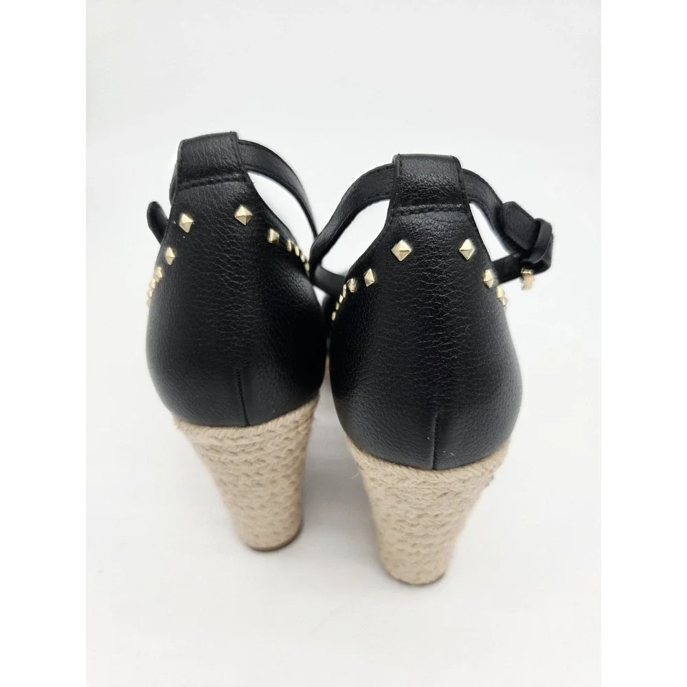 Michael Kors Black Women's Espadrille Stud Platform Logo Wedges Sandals, Sz.8M